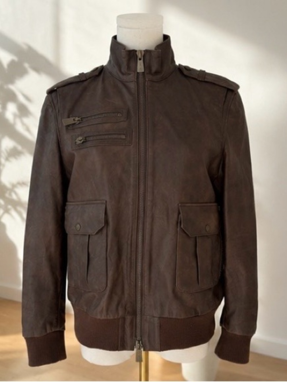 Anine Bing Brown Leather Military-Style Zip Jacket